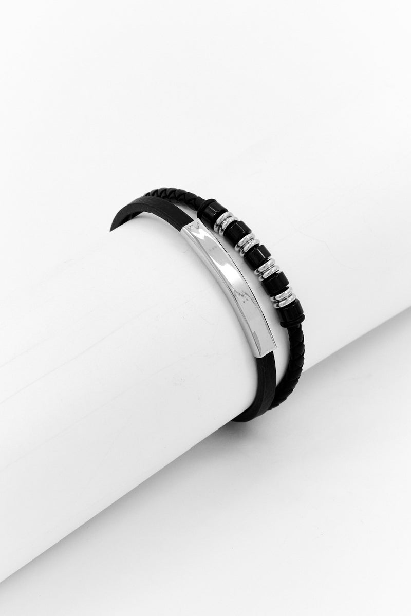 Steeltime Men Braided Leather And Stainless Steel Beads Id Bracelet, Black - Image 1